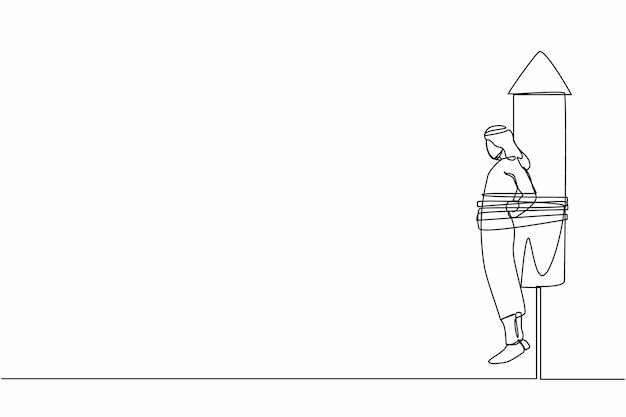 Un solo dibujo de una línea un hombre de negocios árabe atado al lanzamiento de un cohete sintiendo un vector de ansiedad