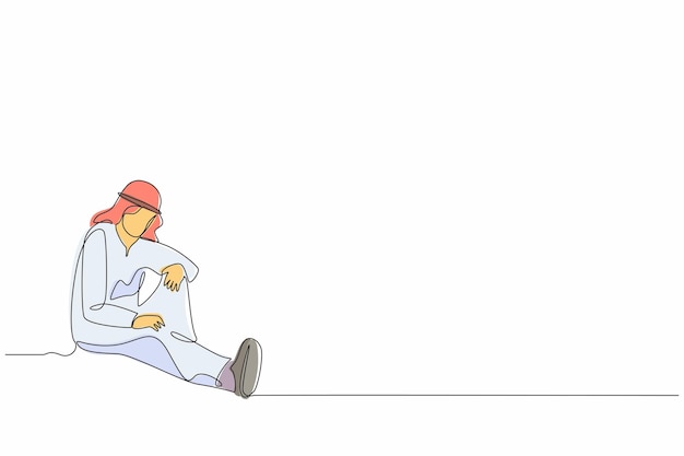Un solo dibujo de una línea de un hombre de negocios árabe deprimido con un maletín sentado en desesperación en el diseño del piso