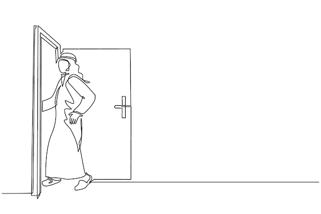 Un solo dibujo de una línea Un hombre de negocios árabe entra en la habitación por la puerta Un hombre camina hacia la puerta abierta