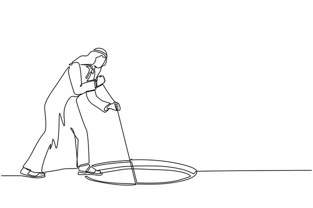 Un solo dibujo de una línea hombre de negocios árabe estirar la cuerda en el agujero hombre preguntándose vector de diseño