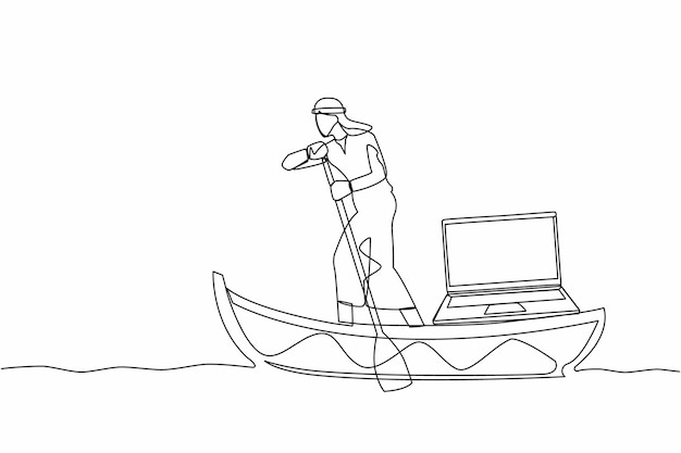 Un solo dibujo de una línea de un hombre de negocios árabe navegando en un barco con una computadora portátil trabajando en un barco