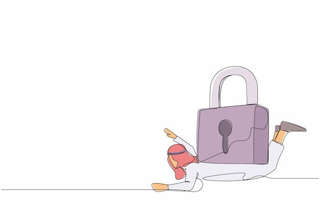Un solo dibujo de una línea de un hombre de negocios árabe bajo una pesada carga de bloqueo El vector de cierre de negocios