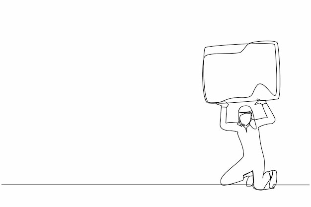 Un solo dibujo de una línea de un hombre de negocios árabe que lleva el ícono de la carpeta en su ilustración vectorial de diseño de la espalda