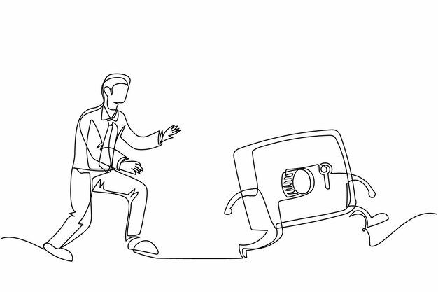 Un solo dibujo de una línea hombre de negocios correr persiguiendo tratar de atrapar la caja de depósito seguro concepto de seguro