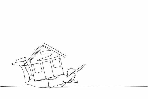 Un solo dibujo de una línea de un hombre de negocios deprimido bajo la pesada carga de la casa vector de lucha masculina cansado