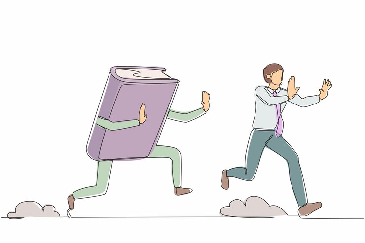Vector un solo dibujo de una línea. un hombre de negocios estresado perseguido por un libro. un empleado con educación superior.
