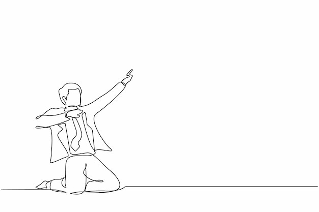 Un solo dibujo de una línea de un hombre de negocios feliz arrodillado con la celebración de la ilustración de la postura del gol