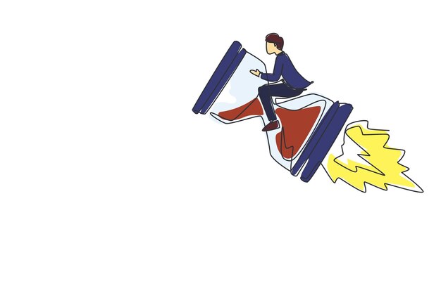 Un solo dibujo de una línea hombre de negocios montando un cohete reloj de arena volando a través del cielo ilustración vectorial