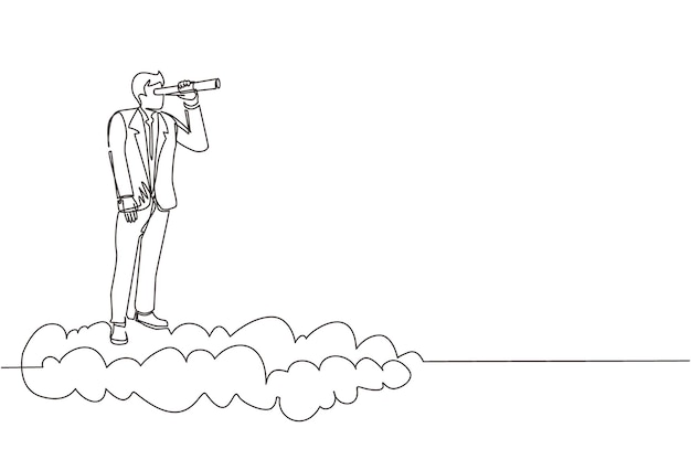 Un solo dibujo de una línea hombre de negocios montando una nube alta sosteniendo un telescopio para buscar negocios