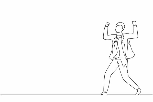 Un solo dibujo de una línea hombre de negocios de pie con las manos cerradas celebrando el éxito