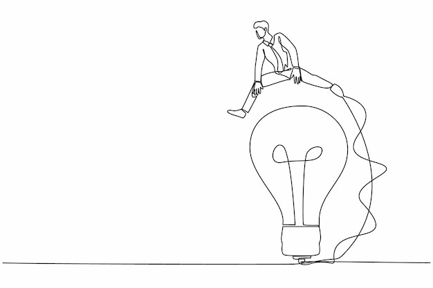 Un solo dibujo de una línea hombre de negocios saltando por encima de una gran bombilla transformación de la innovación empresarial