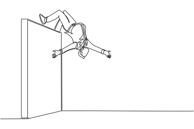 Un solo dibujo de línea de un hombre de negocios saltando sobre una pared de ladrillo con un estilo acrobático para lograr