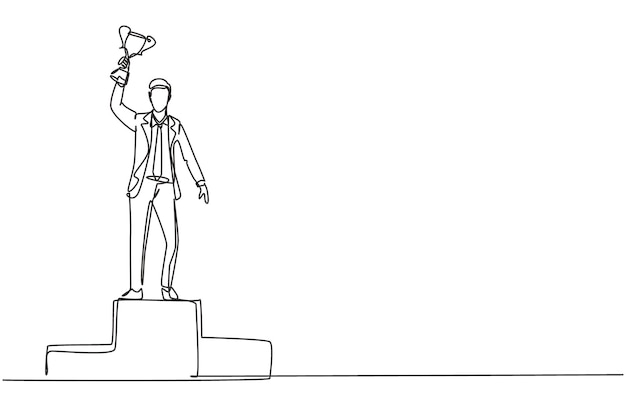 Un solo dibujo de una línea hombre de negocios vistiendo un traje con corbata levantando el trofeo de oro con una mano