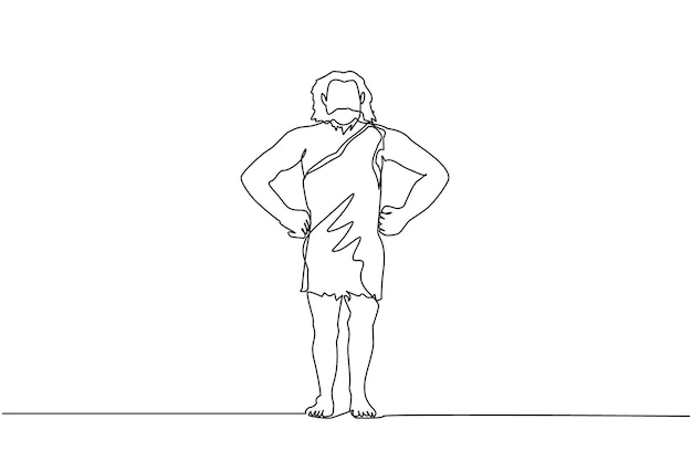 Un solo dibujo de una línea hombre prehistórico de pie con las manos en la cintura postura hombre barbudo prehistóricos