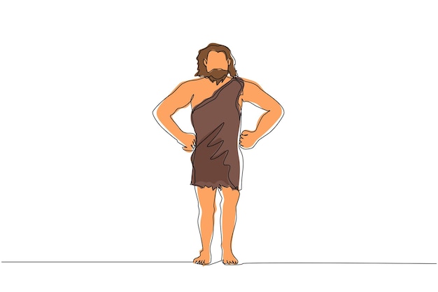 Un solo dibujo de una línea hombre prehistórico de pie con las manos en la cintura postura hombre barbudo prehistóricos
