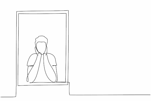 Un solo dibujo de una línea hombre sentado tristemente con el mentón de apoyo cerca de la ventana impacto del coronavirus
