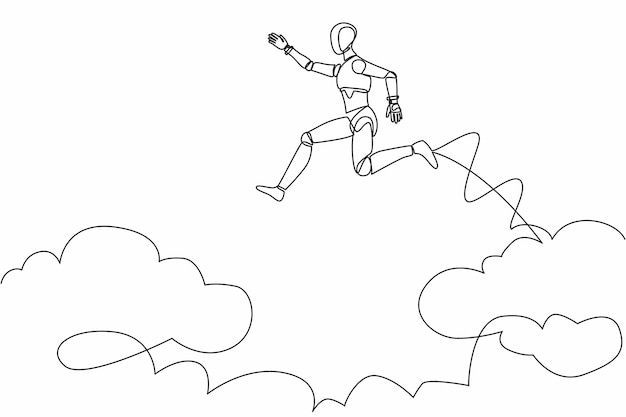 Un solo dibujo de una línea intrépido robot valiente se arriesga a saltar sobre las nubes para alcanzar su éxito