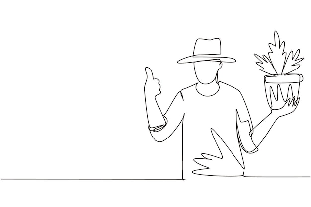 Un solo dibujo de línea jardinero crece florero Temporada para plantar Trabajo en vector de diseño de jardín.