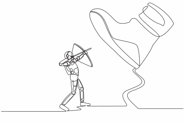 Un solo dibujo de una línea de un joven astronauta apuntando un arco contra zapatos gigantes pisando el vector de diseño