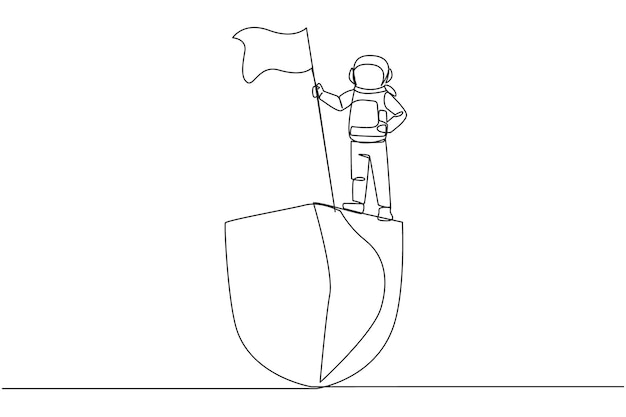 Un solo dibujo de una línea de un joven astronauta enérgico de pie en un escudo gigante sosteniendo una bandera revoloteante