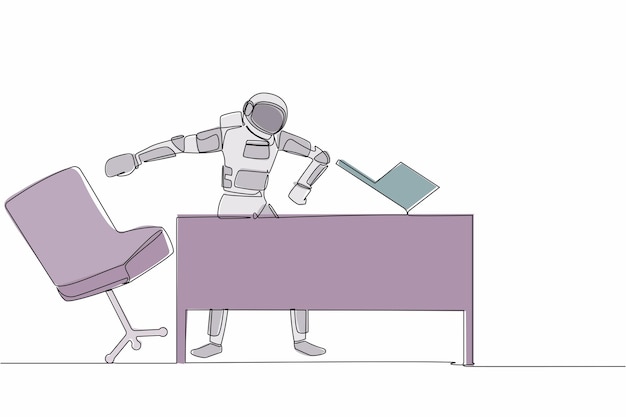 Un solo dibujo de una línea de un joven astronauta frustrado enojado y arrojando una computadora portátil de su escritorio de trabajo