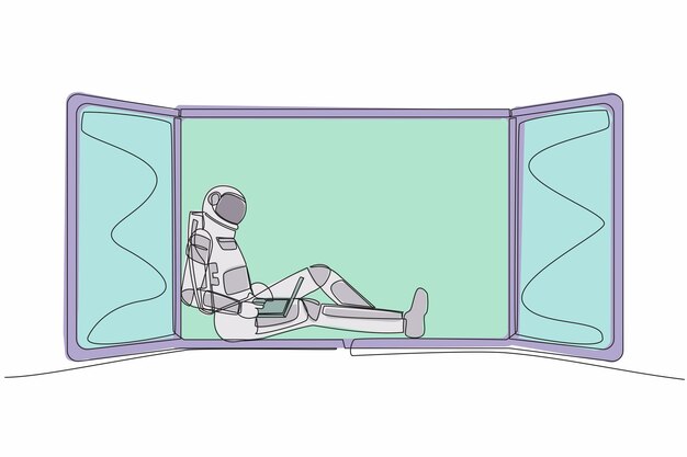 Un solo dibujo de una línea de un joven astronauta independiente sentado en el alféizar de la ventana trabajando con una computadora portátil