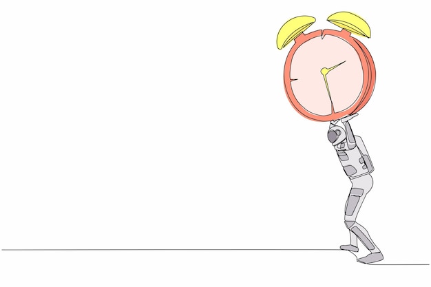 Un solo dibujo de una línea de un joven astronauta llevando un pesado despertador en la espalda presión de trabajo