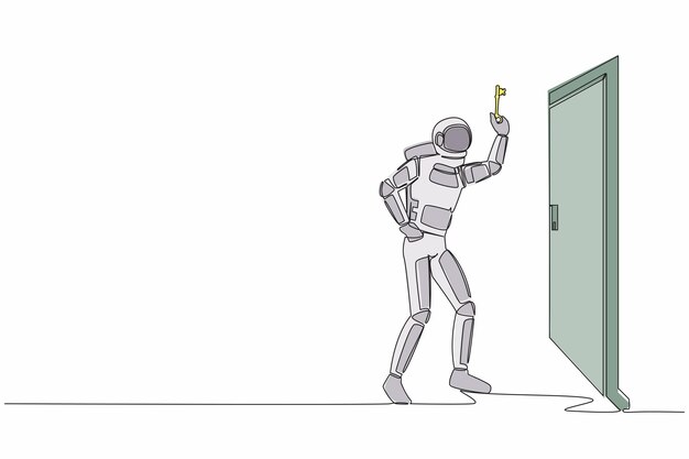 Un solo dibujo de una línea de un joven astronauta mirando desde detrás de una puerta abierta en la ilustración de la superficie lunar