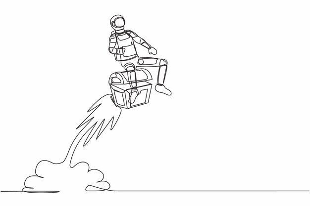 Un solo dibujo de una línea de un joven astronauta montando un cohete de cofre del tesoro volando en la superficie de la luna
