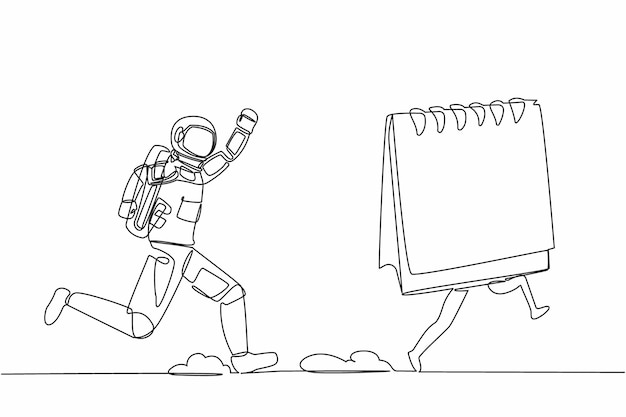 Un solo dibujo de una línea de un joven astronauta persiguiendo el calendario en la superficie de la luna horario de lanzamiento de la nave espacial