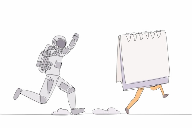 Un solo dibujo de una línea de un joven astronauta persiguiendo el calendario en la superficie de la luna horario de lanzamiento de la nave espacial