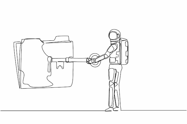 Un solo dibujo de una línea joven astronauta puso una llave en el icono de carpeta protección de documentos y secreto