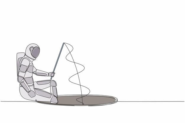 Un solo dibujo de una línea de un joven astronauta sosteniendo una caña de pescar de un agujero inversión en negocios espaciales