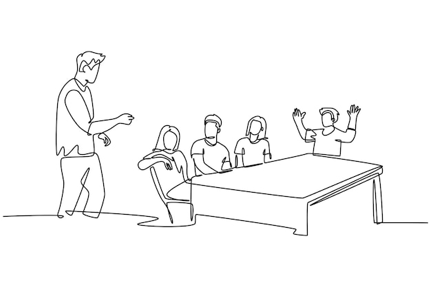 Un solo dibujo de una línea joven CEO de la startup lidera la compañía reuniéndose y reuniéndose con su miembro del equipo en la oficina Concepto de reunión de negocios Diseño de dibujo de línea continua Ilustración vectorial gráfica