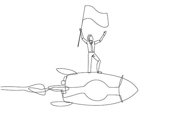 Un solo dibujo de una línea de un joven empresario exitoso de pie en un cohete volando por el cielo