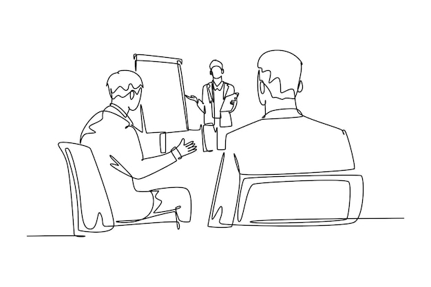Un solo dibujo de una línea joven entrenador de negocios feliz presentando una lección a los miembros de la clase de grupo Reunión de negocios y concepto de presentación Diseño moderno de dibujo de líneas continuas Ilustración vectorial gráfica