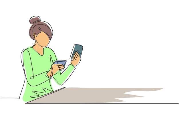 Un solo dibujo de una línea joven escribiendo ingresando el código de la tarjeta en el teléfono inteligente Vector de tienda en línea