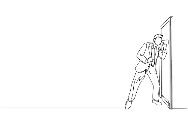 Un solo dibujo de una línea de un joven escuchando a escondidas en la puerta violación de privacidad diseño gráfico vectorial