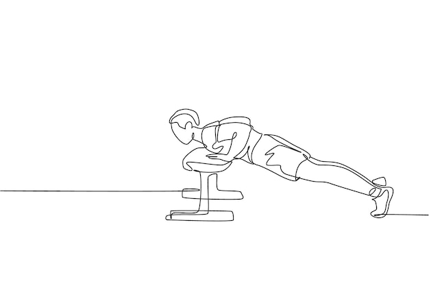 Un solo dibujo de línea joven hombre enérgico ejercicio de empuje con banco en el gimnasio ilustración vectorial