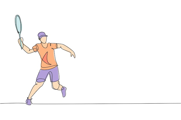 Un solo dibujo de línea joven hombre enérgico jugador de tenis golpeó la pelota ilustración vectorial gráfica