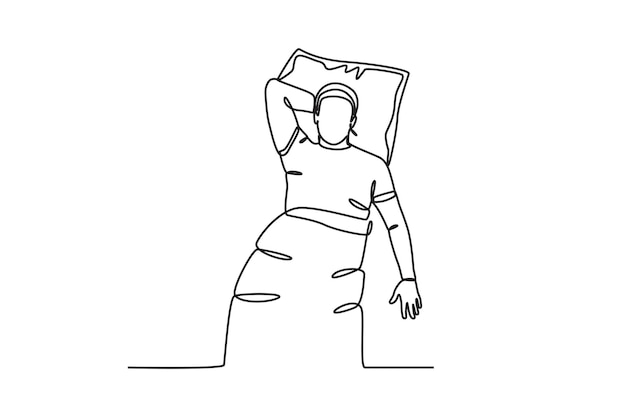 Un solo dibujo de una línea joven hombre feliz acostado con almohada dibujo de línea continua diseño gráfico vecto