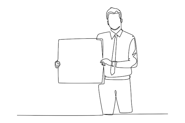 Un solo dibujo de una línea joven presentador sosteniendo un tablero de pantalla grande para presentar el nuevo producto de la compañía Concepto de presentación de lanzamiento de nuevo producto Diseño de dibujo de línea continua Ilustración gráfica vectorial
