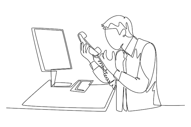 Un solo dibujo de una línea joven trabajador enojado enojado por una llamada telefónica junto a una pila de papeles en su escritorio de computadora Gestión de la ira en la oficina concepto dibujo de línea continua diseño gráfico de ilustración vectorial
