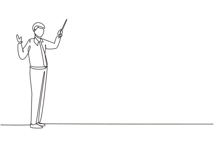 Vector un solo dibujo de una línea de un maestro de negocios de pie con una camisa ordenada apuntando con un puntero de madera.