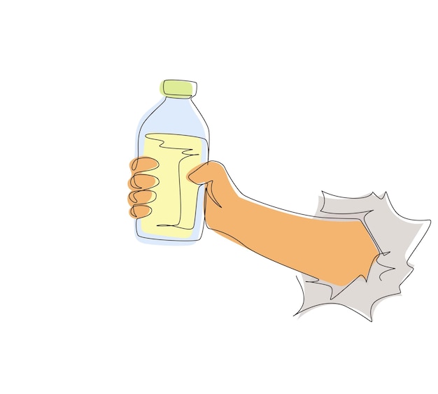 Un solo dibujo de una línea con la mano sosteniendo la leche en el embalaje de botella de vidrio del vector del producto de bebidas saludables.