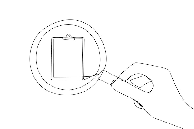 Un solo dibujo de una línea con la mano sosteniendo una lupa resalta el portapapeles Resalta según el horario