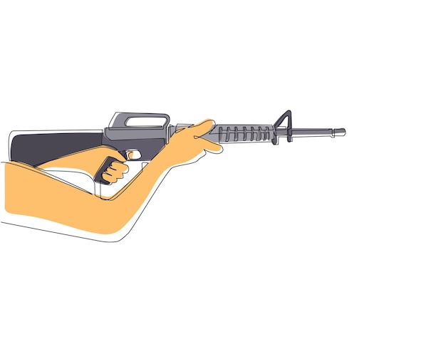 Vector un solo dibujo de una línea con la mano sosteniendo la máquina automática m16 rifle de asalto táctico ejército y policía