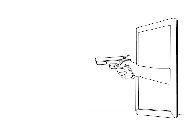 Un solo dibujo de una línea de mano sosteniendo una pistola a través de un teléfono móvil Concepto de vector de oficial de policía