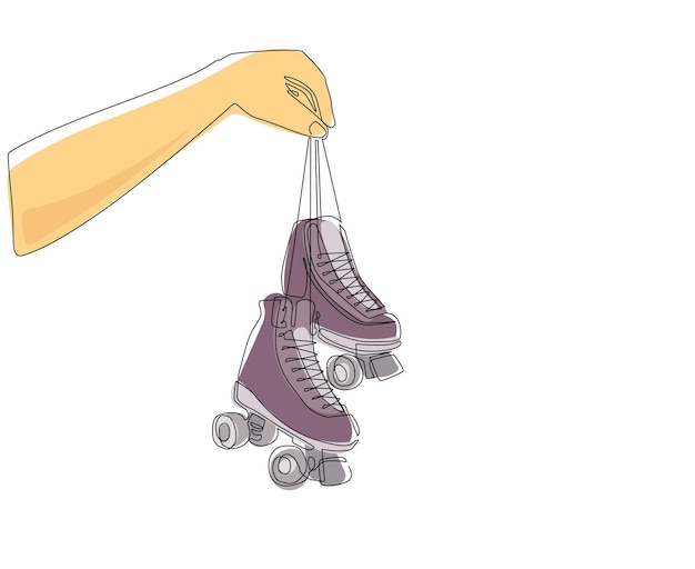 Un solo dibujo de una línea de mano sostiene un patín de ruedas Hombre con la mano un par de viejos patines de ruedas retro