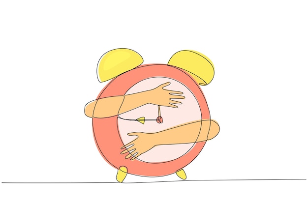 Un solo dibujo de una línea de manos abrazando el despertador las decisiones comerciales tomadas se determinarán